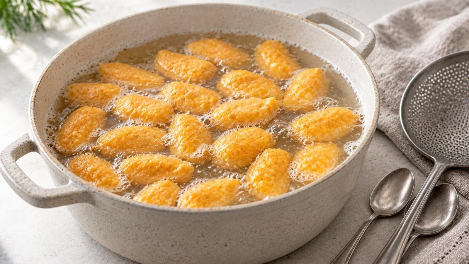 Тыквенные галушки с золотистым луком и укропом в светлой глубокой тарелке — шаг 8