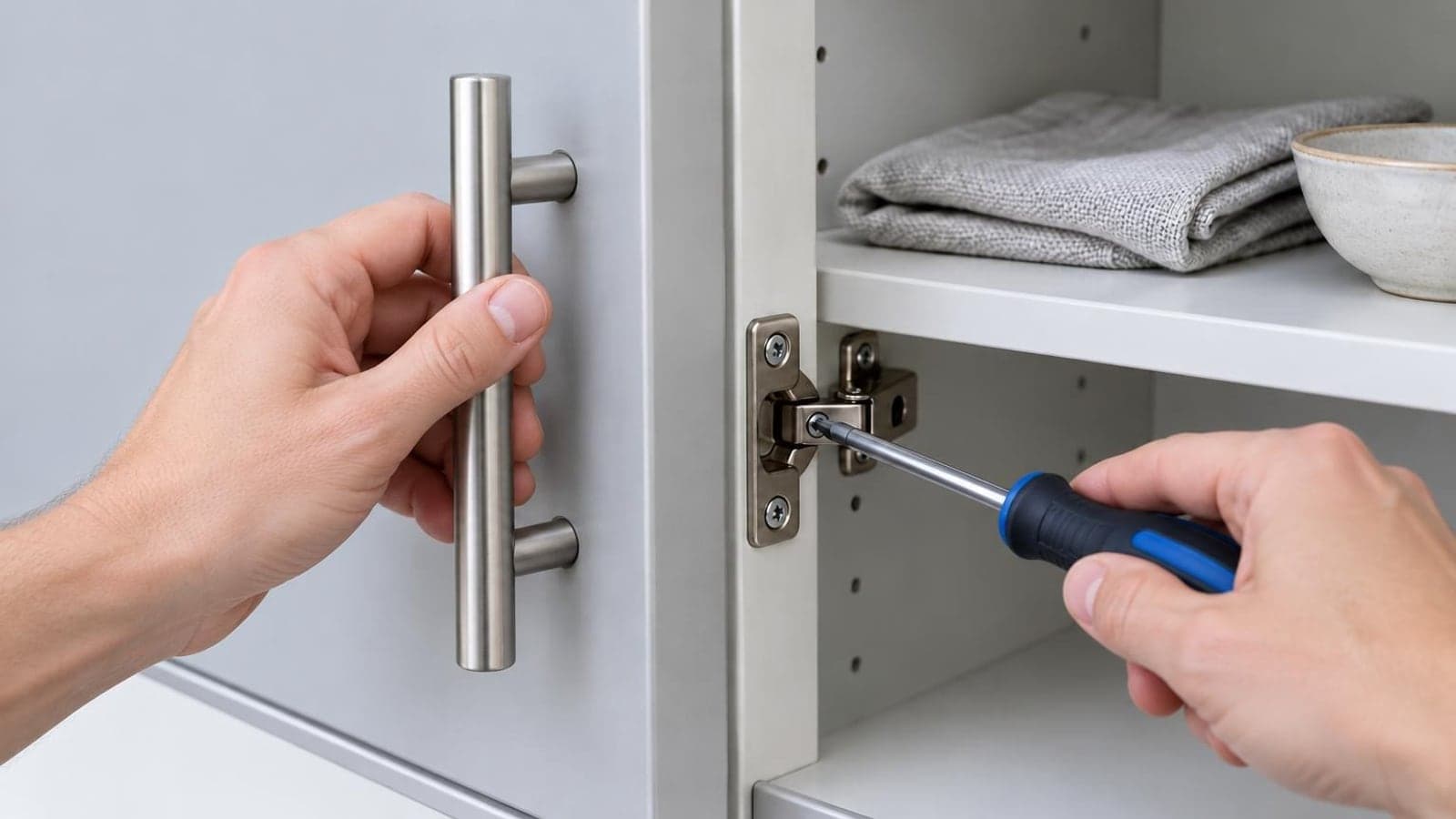 Відчинені дверцята шафки з ручкою, внутрішнім гвинтом і викруткою біля кріплення. — крок 4