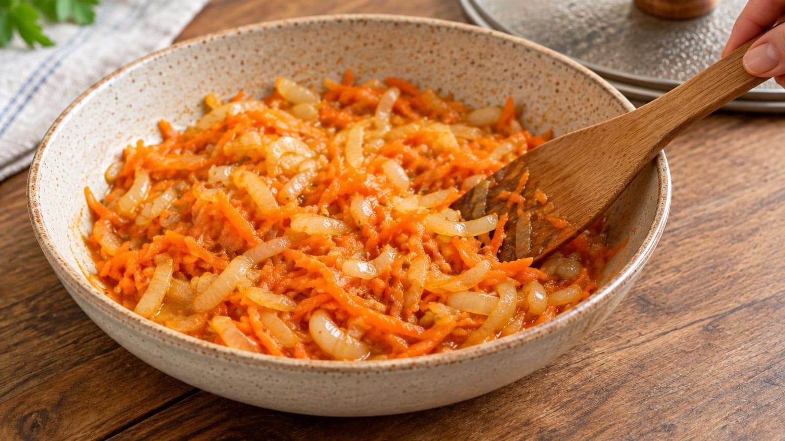 Тушёная капуста с белой фасолью и морковью в глубокой керамической тарелке — шаг 2