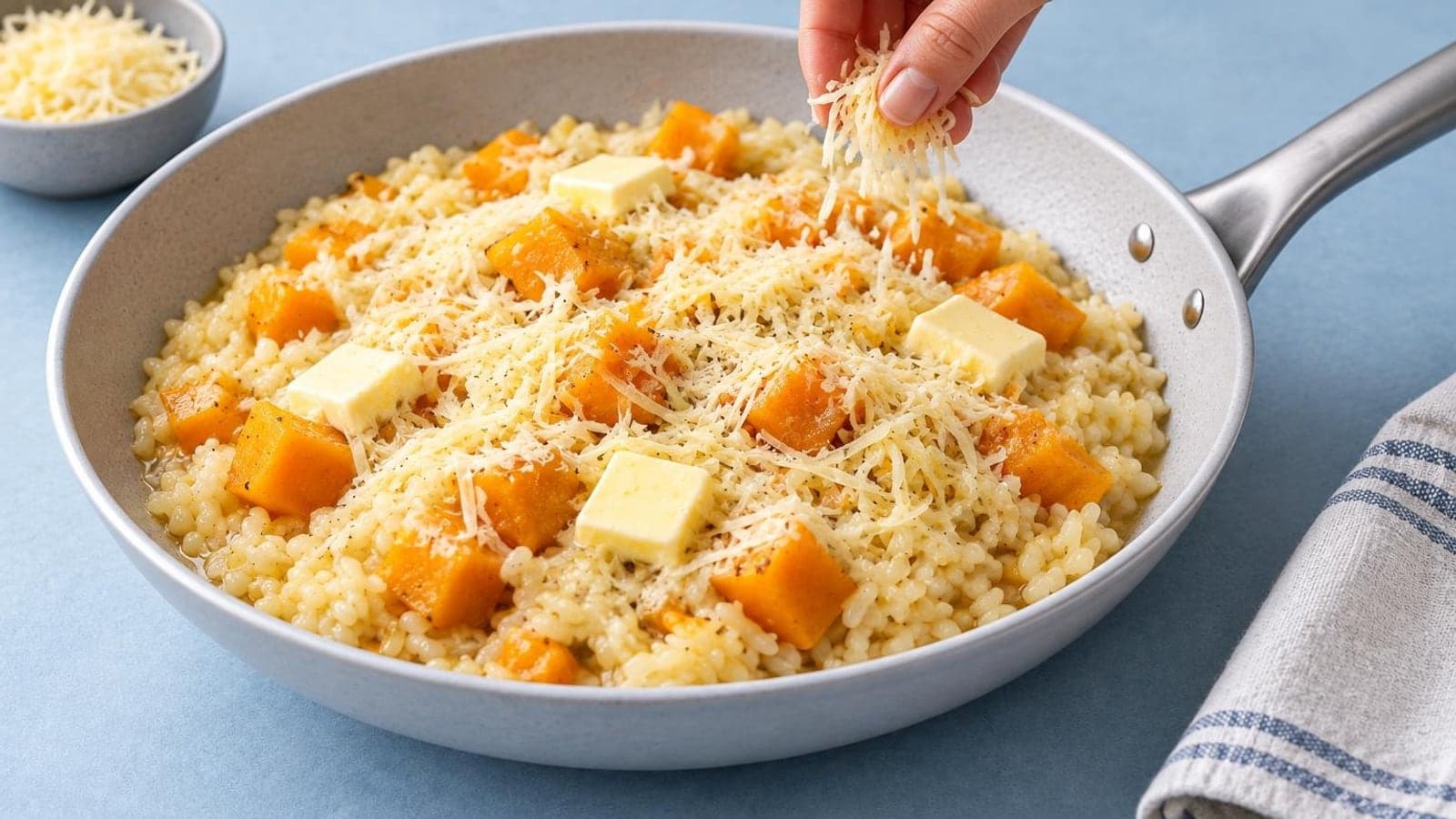 Рис с золотистыми кусочками тыквы, тёртым сыром и петрушкой в неглубокой тарелке — шаг 9