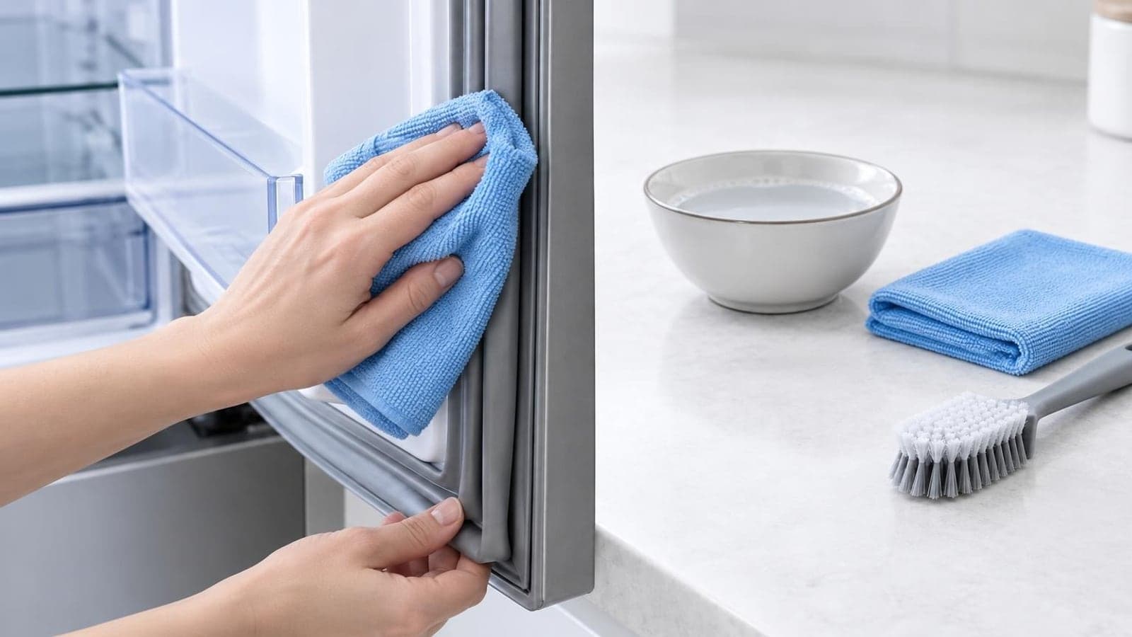 Чистий ущільнювач прочинених дверцят холодильника, поруч м’яка щітка та складені серветки. — крок 6