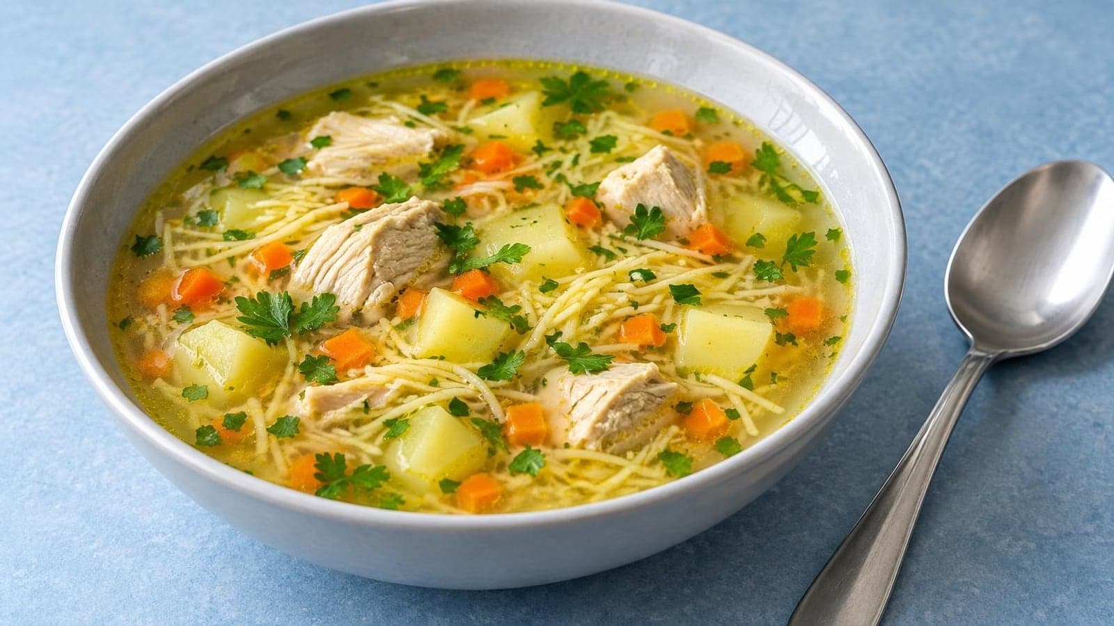 Золотистый куриный суп с картофелем, морковью, тонкой вермишелью и зеленью в тарелке