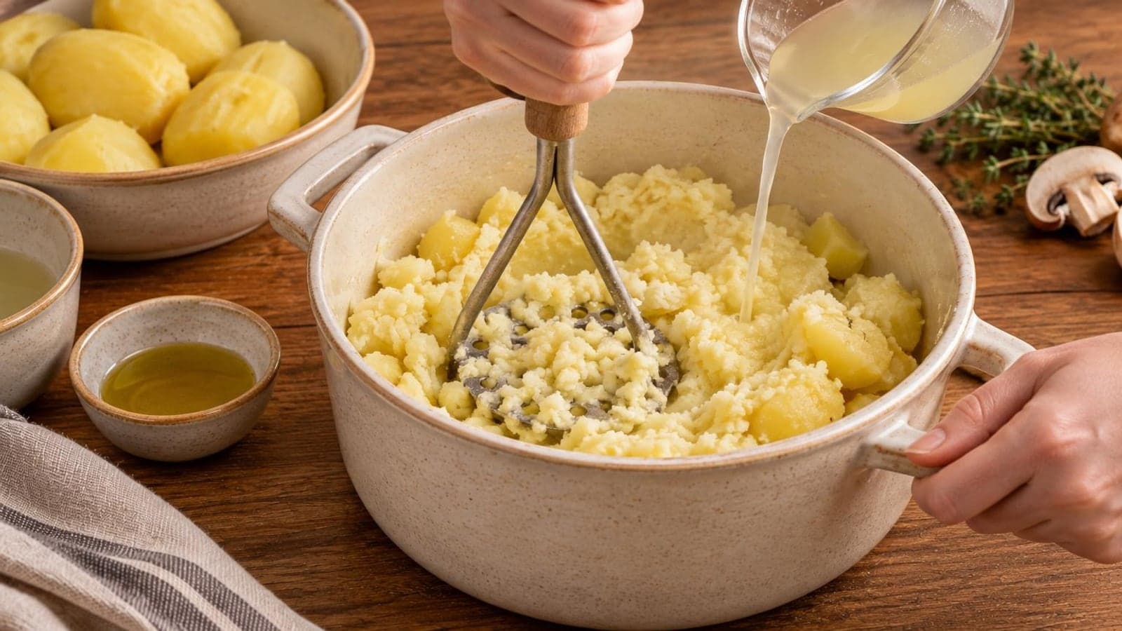 Картофельная запеканка с золотистыми бороздками, грибами и чечевицей в керамической форме — шаг 5