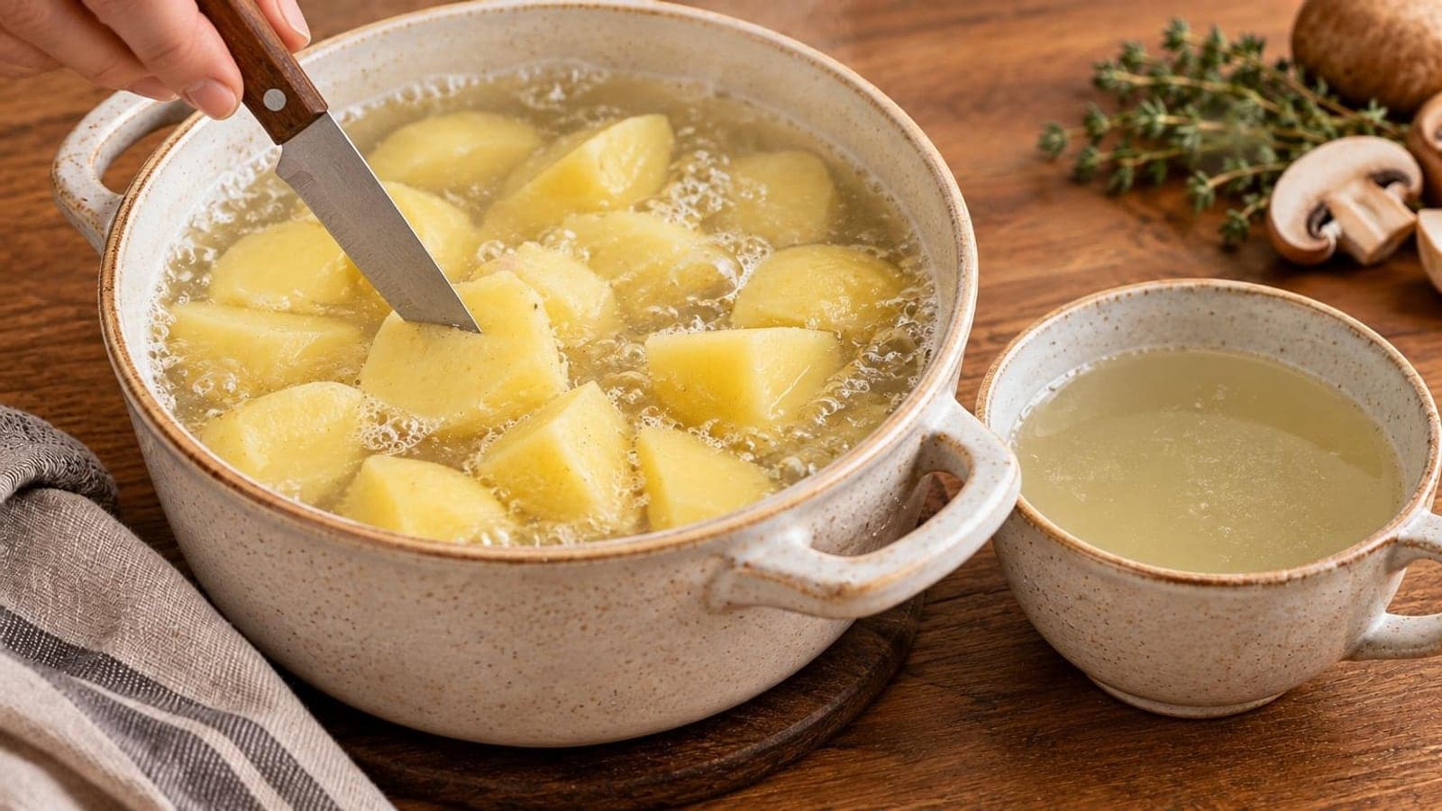 Картофельная запеканка с золотистыми бороздками, грибами и чечевицей в керамической форме — шаг 2