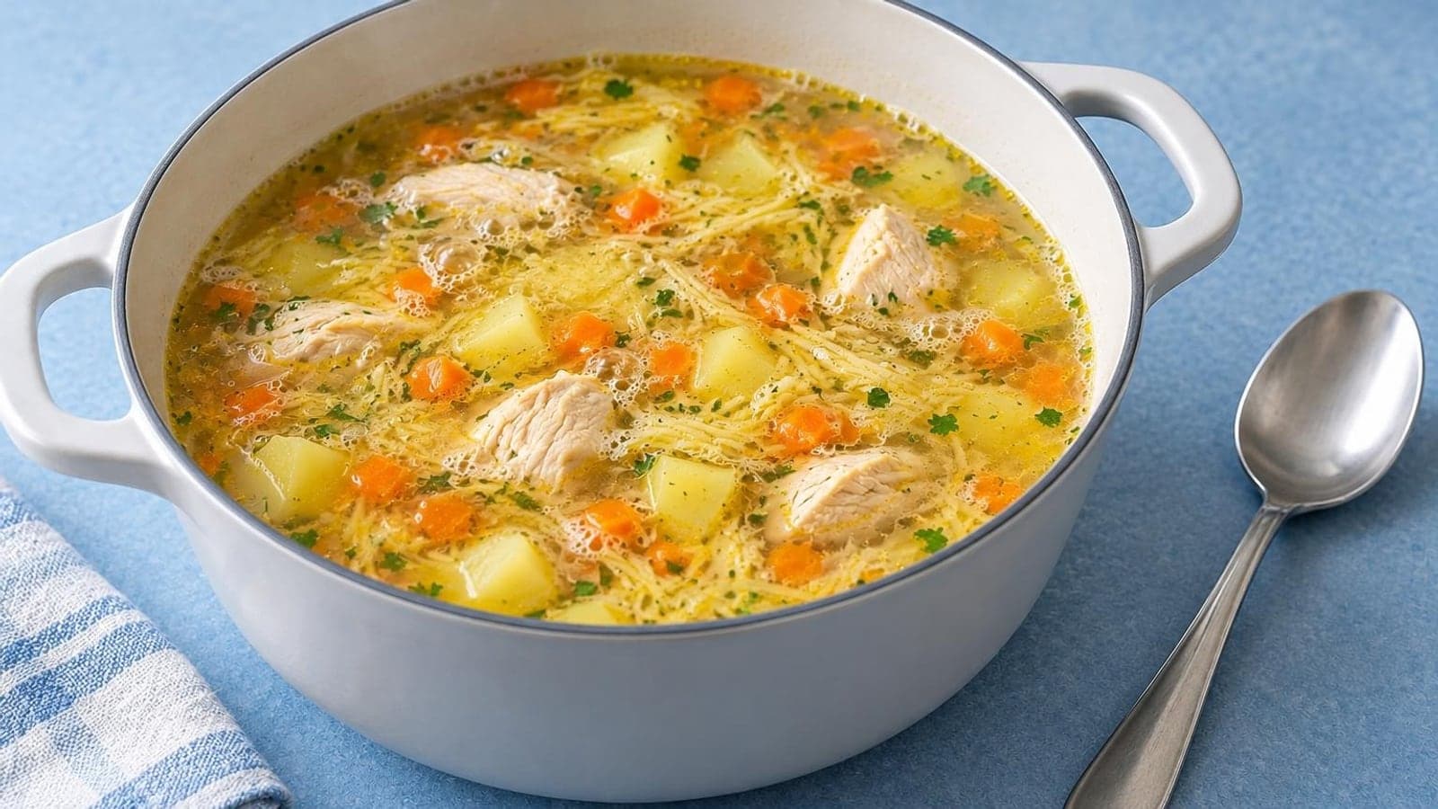 Золотистый куриный суп с картофелем, морковью, тонкой вермишелью и зеленью в тарелке — шаг 8