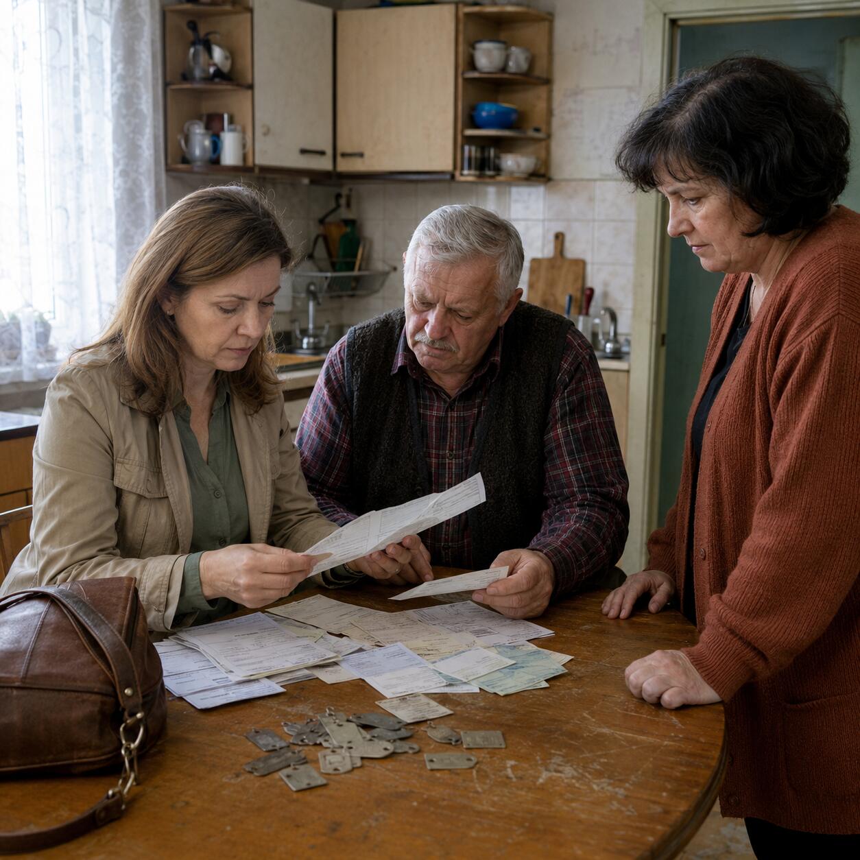 Катерина, Олексій і Марія переглядають старі житлові документи за спільним кухонним столом